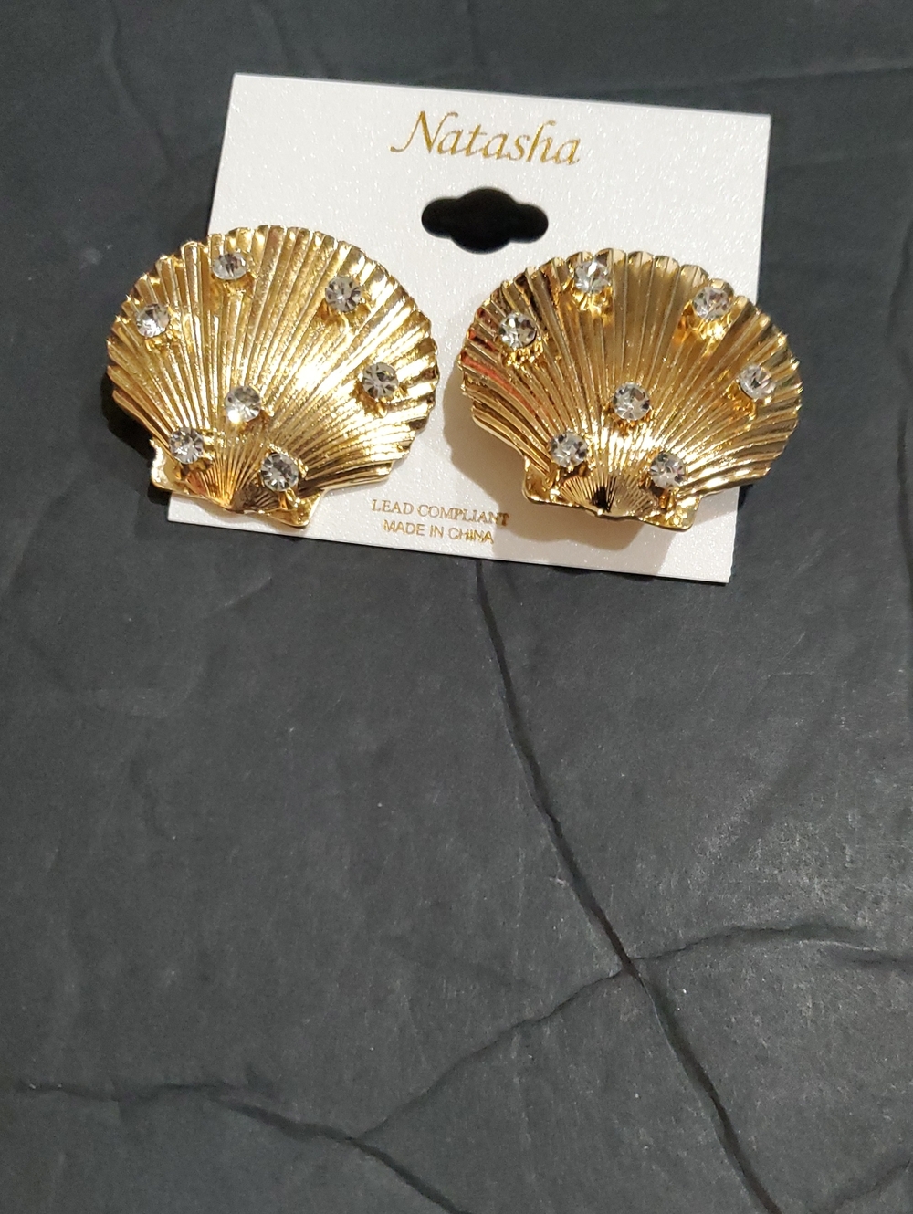 Natasha couture gold plated oversized seashell shape cz adorned clip-on earrings
